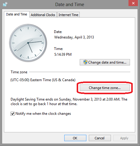 Windows 8 Date and Time, Change Time Zone